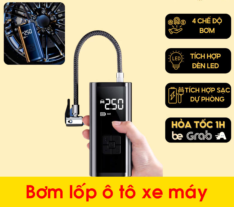 Bơm Lốp Ô Tô, Xe Đạp, Xe Máy Điện Tử BXO02 Không Dây Đa Năng 10 may bom lop o to xe may